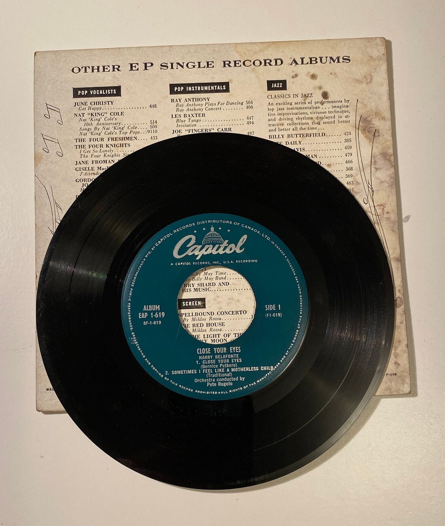 Harry Belafonte - Close Your Eyes 45 RPM Vinyl LP