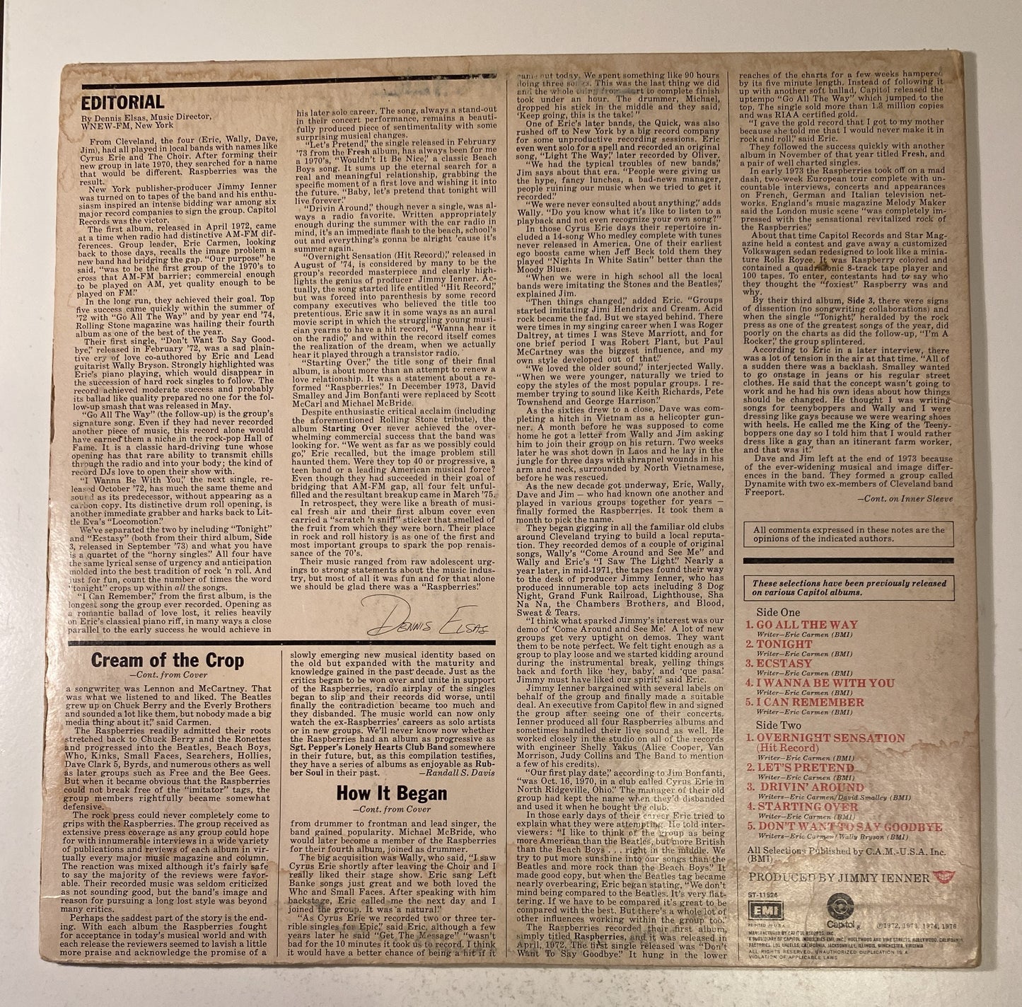 Raspberries – Raspberries' Best - Featuring Eric Carmen 1976 Vinyl LP Record