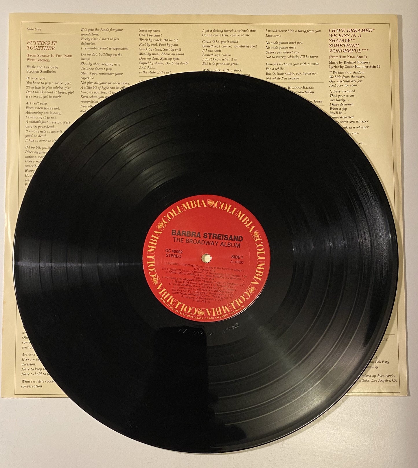 Barbra Streisand - The Broadway Album - 1985 Vinyl LP