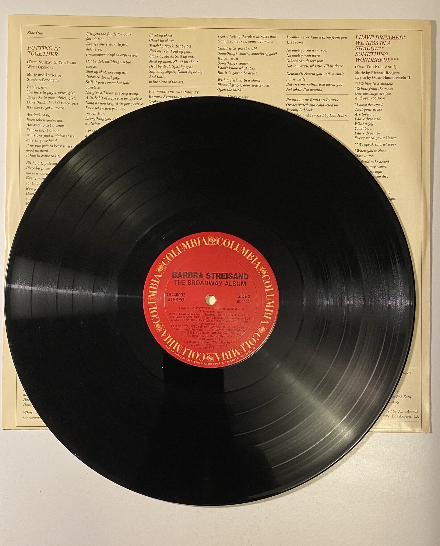 Barbra Streisand - The Broadway Album - 1985 Vinyl LP