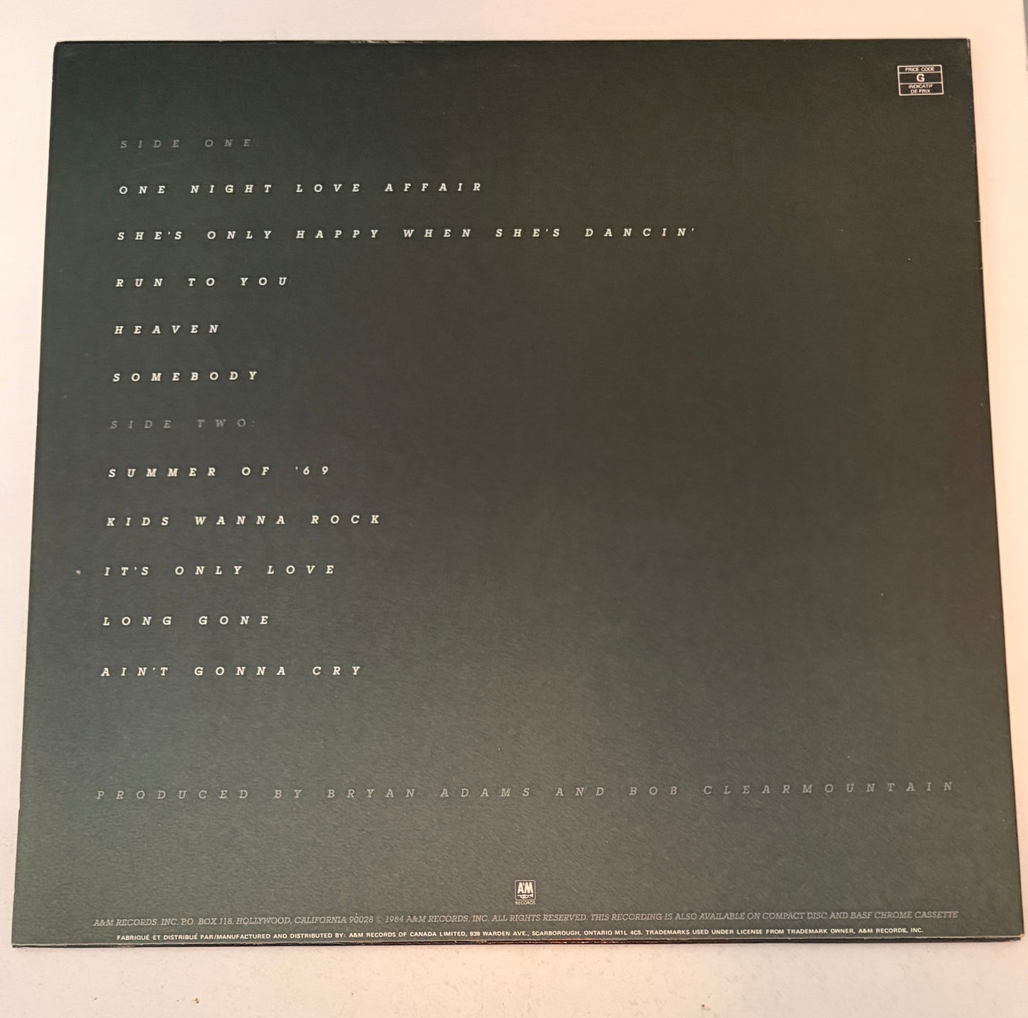 Bryan Adams Reckless 1984 Vinyl LP