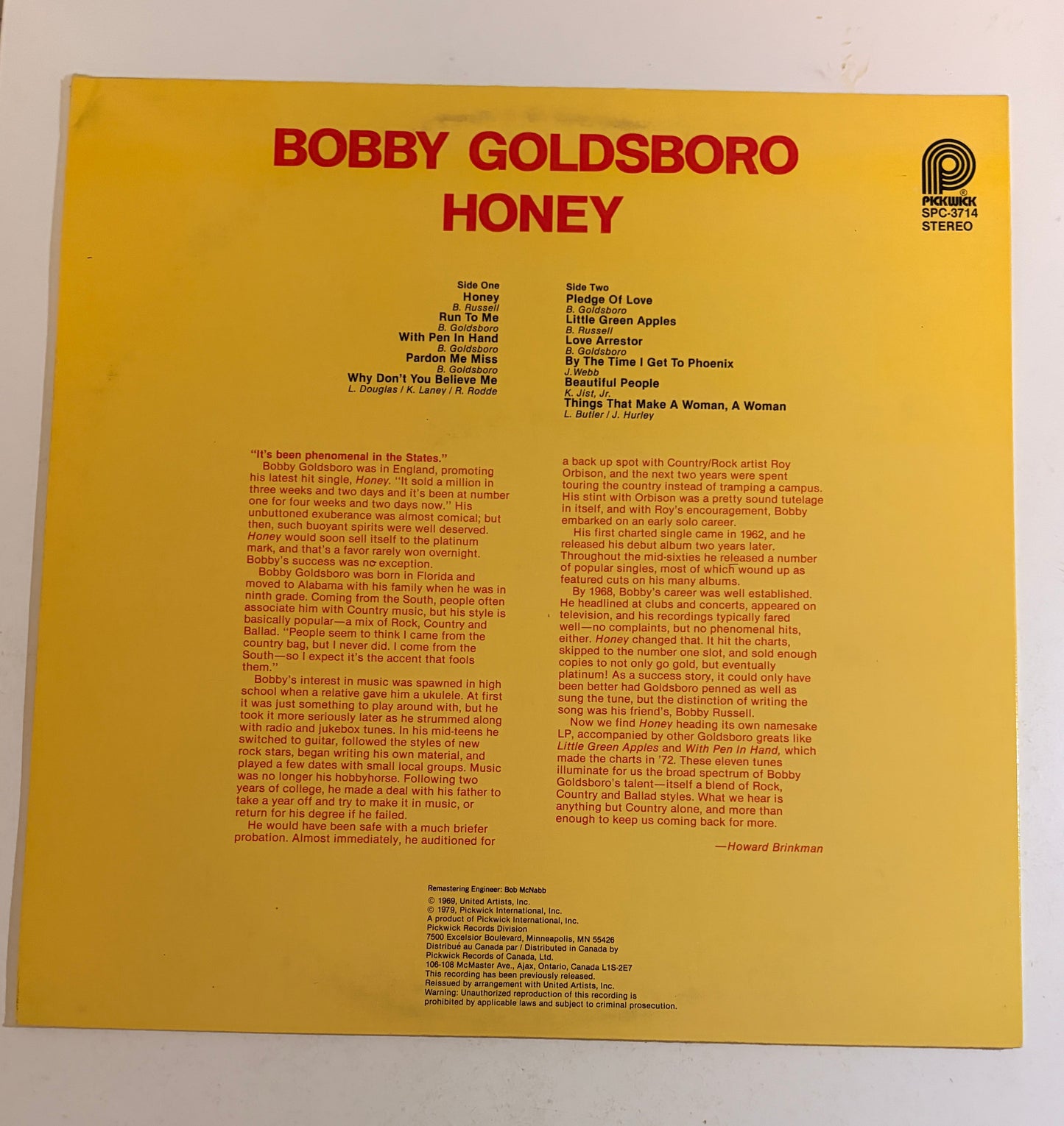 Bobby Goldsboro - Honey 1979 Vinyl LP