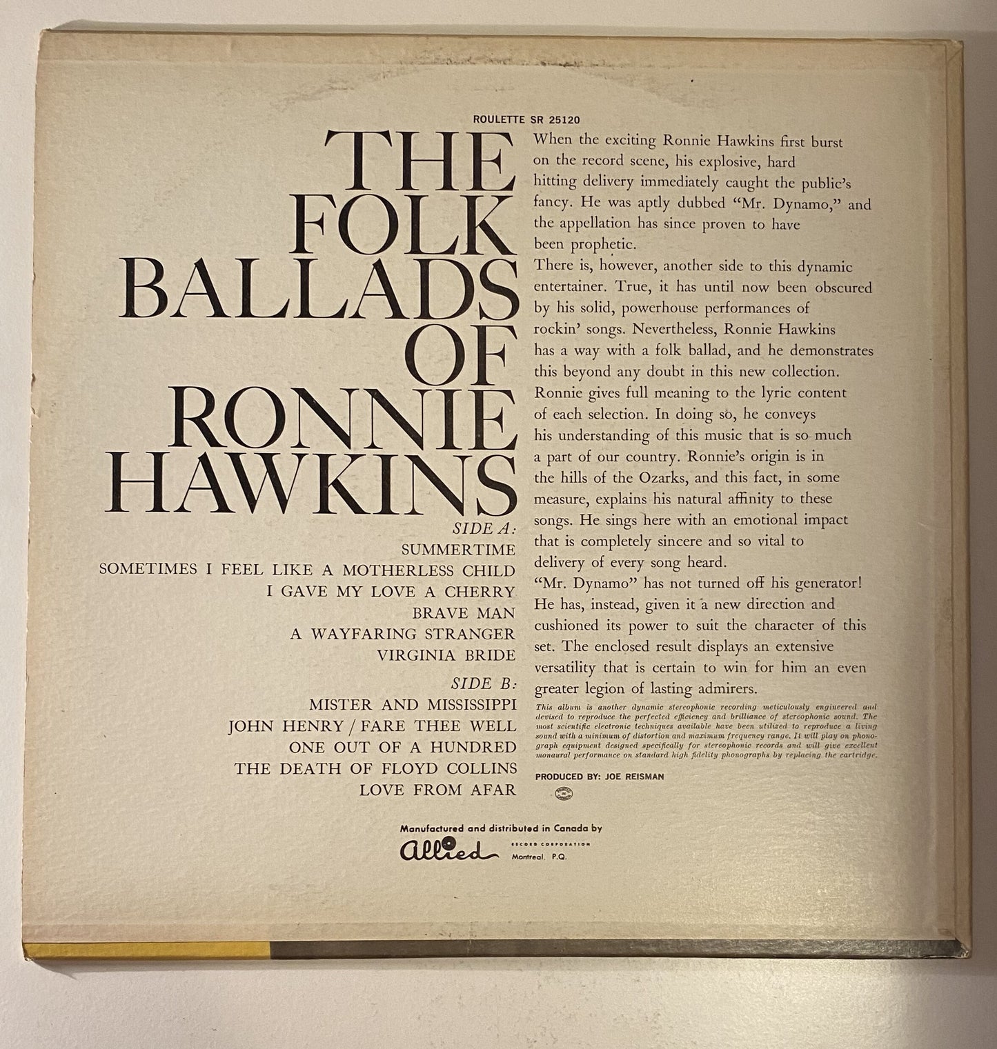 Ronnie Hawkins - The Folk Ballads of Ronnie Hawkins - 1960 Vinyl LP